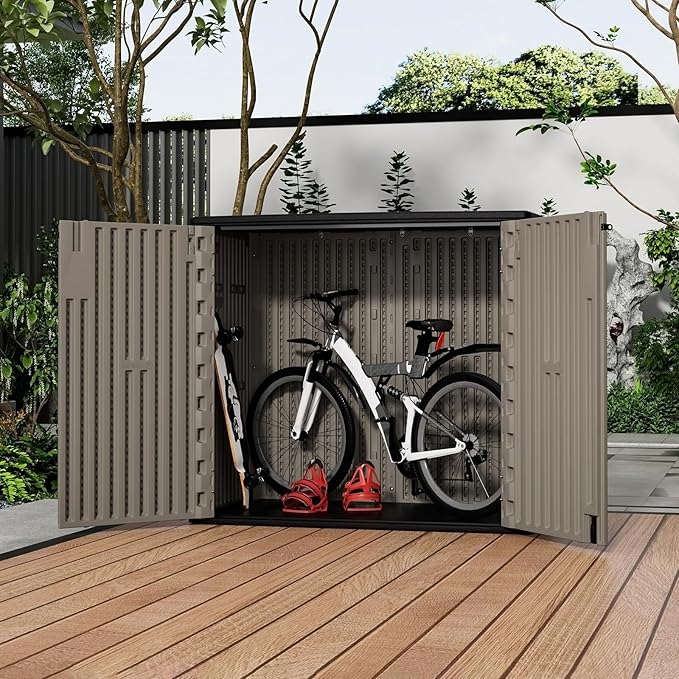 ZZM 37 Cu.ft Outdoor Storage Shed with Floor HDPE Double-Wall Resin Sheds Outdoor Storage, Lockable Weatherproof Storage Cabinet Fit for Garden Tools, Garage can, Bike, Patio Furniture, Coffee
