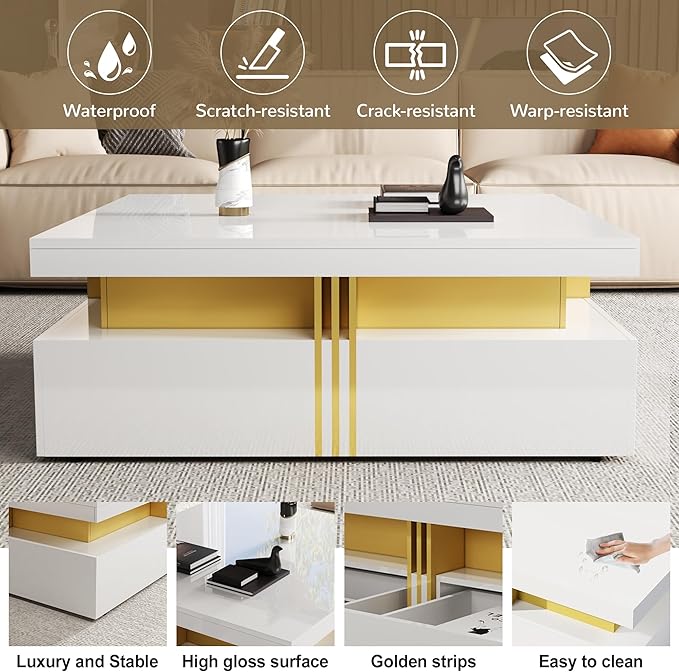 Merax 43.3" Modern Glossy Square Storage Coffee Table with 4 Drawers, Gold Accents, Functional Center Tables for Living Room Apartment, Glossy White
