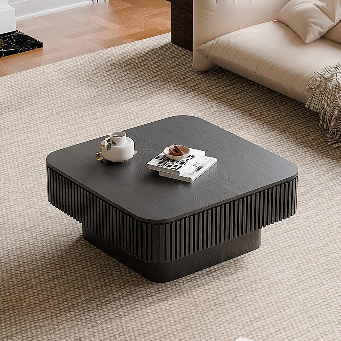 31.5" Square Coffee Table with Hidden Storage Compartment, Modern Handcraft Fluted Drum Coffee Table, Wooden Square Center Table Cocktail Tea Table with Sturdy Pedestal for Living Room, Black