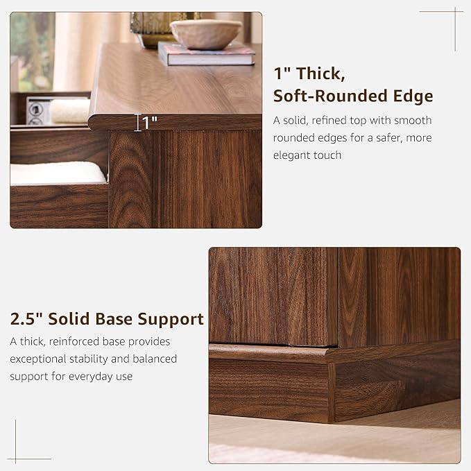 ACCOHOHO Modern Night Stand with Arched Panel, 18" Nightstand with Charging Station, Side Table with 3 Storage Drawers, Wood Square Bedside End Table for Bedroom Living Room, Brown