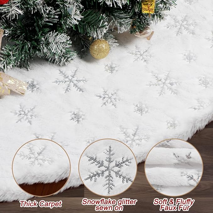72 Inch Christmas Tree Skirt, Faux Fur Extra Large White Tree Skirt for 6 to 15 ft Xmas Tree, Plush Soft Thickened Mat with Silver Sequin Snowflake for Xmas Tree Decor Reusable Christmas Decorations