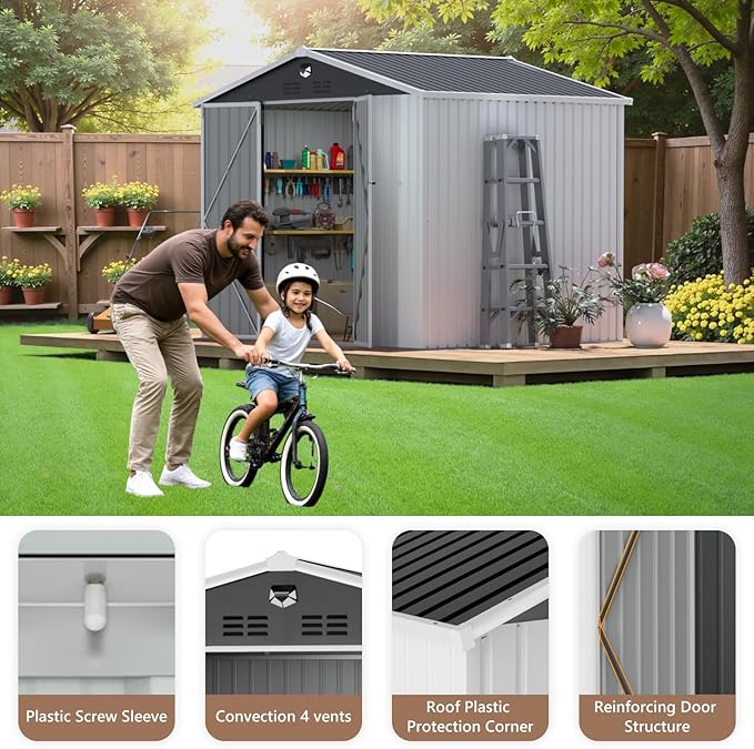 10x8 FT Outdoor Storage Shed, Metal Sheds & Outdoor Storage, Waterproof Sheds with Lockable Doors for Backyard (White, No Window)