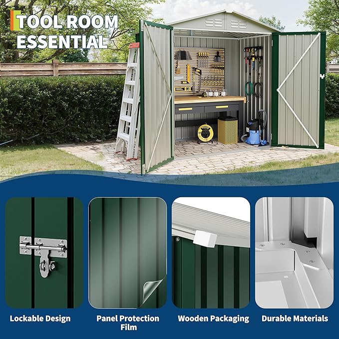 6x4 FT Outdoor Storage Shed, Garden Tool Storage Shed with Sloping Roof and Double Lockable Door, Outdoor Sheds with Panel Protection for Backyard Garden Patio Lawn,Green