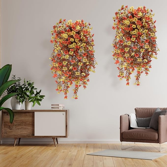 Geegoods Artificial Mum Flowers for Outdoors, 2Pcs Hanging Flowers Plants UV Resistant Realistic Silk Flowers for Outside Patio Porch Garden Yard Balcony Fall Decor