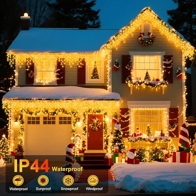 XURISEN 132ft Christmas Lights Decorations Outdoor, 1280 LED 8 Modes Fairy Lights with 240 Drops,Plug in Waterproof Timer Memory Function for Christmas Holiday Wedding Party Decorations(Warm White)