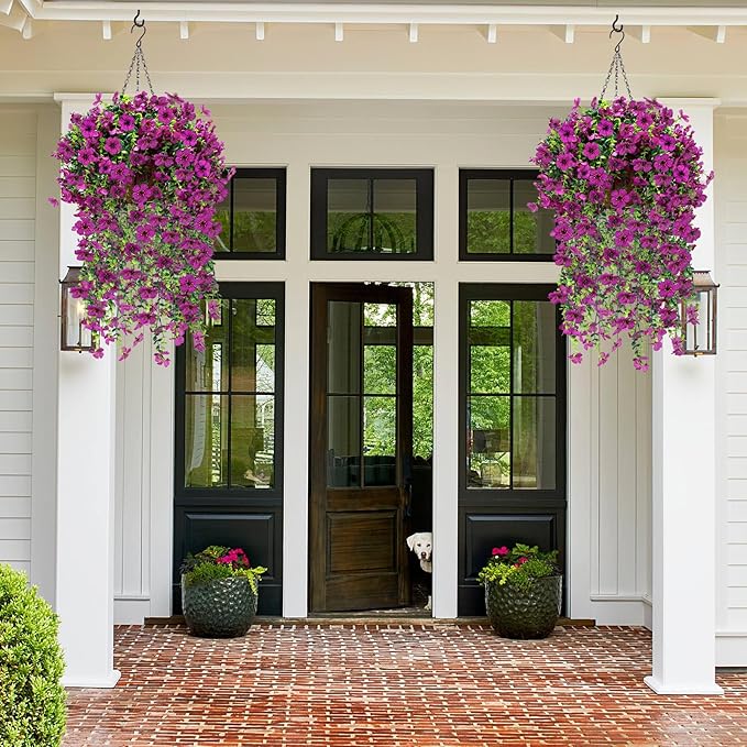 Geegoods 2 Set Artificial Hanging Flowers Plants for Outdoor, Faux Hanging Violet Flowers Baskets with Eucalyptus Vines UV Resistant Realistic Fake Plants for Outside Porch Garden Yard Home Decor