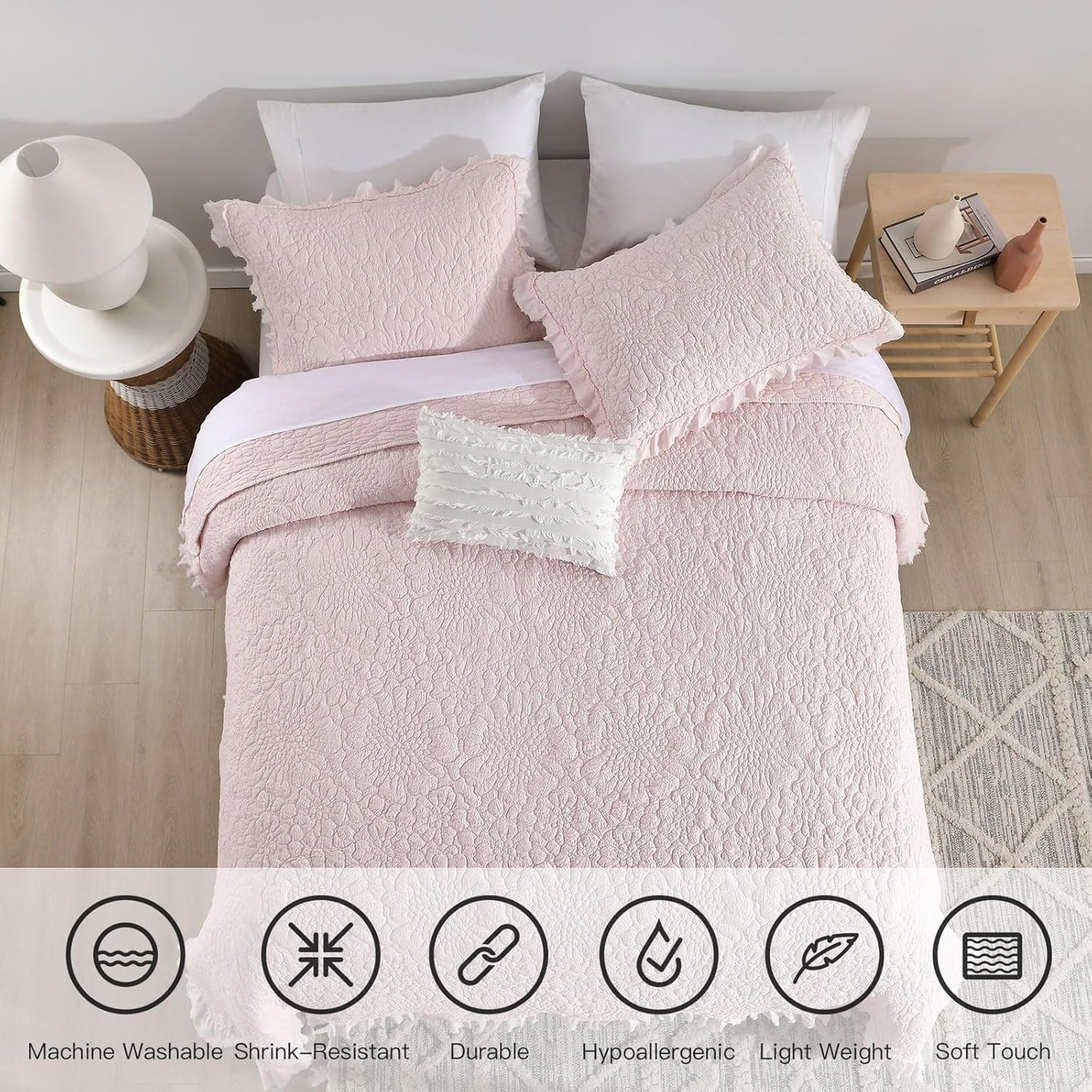 HORIMOTE HOME Pink Ruffled Quilt Queen Size, Stone-Washed Microfiber Lightweight Crinkled Farmhouse Rustic Shabby Chic Bedding Set, 3 Pieces Reversible Bedspread with Pillow Shams for All Season