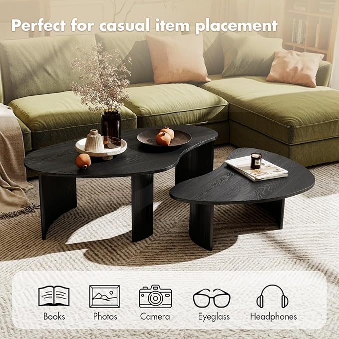 Black Coffee Table Set of 2, Nesting Coffee Tables with Wood Grain Veener, Simple Modern Cloud Shaped Center Table for Living Room