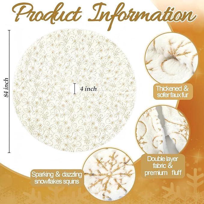 Libima 84 Inch Large White Christmas Tree Skirt with Gold Sequin Snowflakes Plush Faux Fur Christmas Tree Skirt for Xmas Holiday Winter Decorations