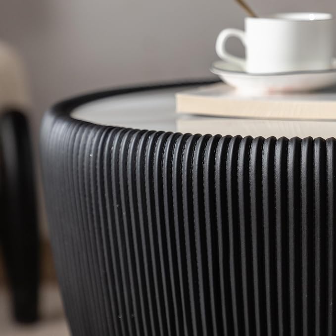 19.69" Black Round Coffee Table, Drum Coffee Table with Sintered Stone Tabletop and Fluted PU Leather Covered and Metal Base, Circle Cocktail Tea Table for Living Room