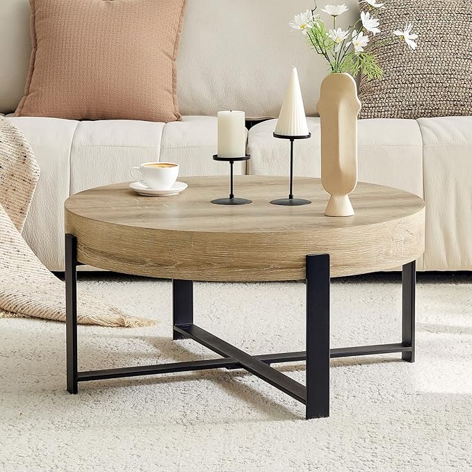 LKTART 31.5'' Round Coffee Table for Living Room, Modern Wood Handcraft Drum Coffee Table with Storage, Stainless Steel Legs Tea Tables, Apartment Small Space, Natural Wood