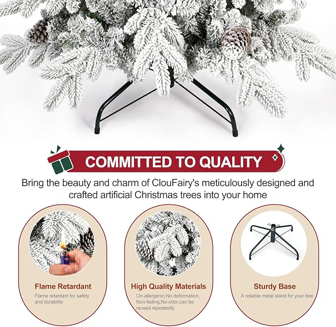 9 FT Snow Flocked Slim Fir Christmas Tree with 2138 PE & PVC Mixed Branch Tips,Unlit Artificial Skinny Pencil Xmas Tree with 52 Pine Cones,Hinged Premium Xmas Trees for Home,Office,Party Decoration