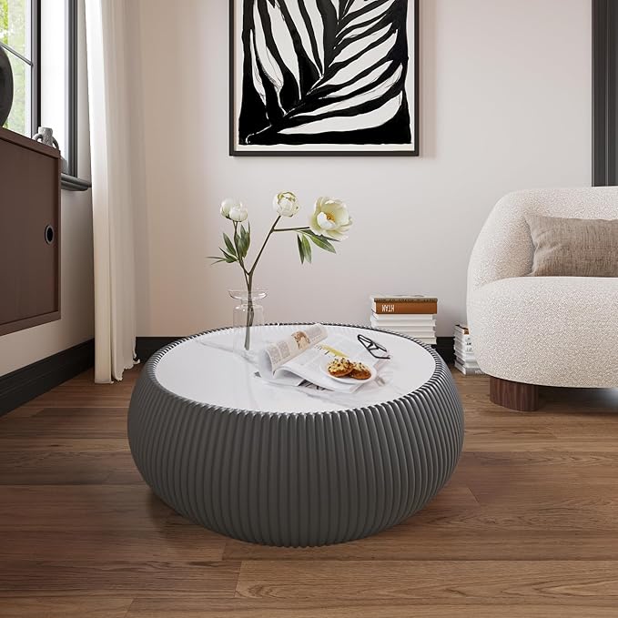 27.55" Grey Round Coffee Table, Drum Coffee Table with Sintered Stone Tabletop and Fluted PU Leather Covered and Stable Base, Circle Cocktail Tea Table for Living Room