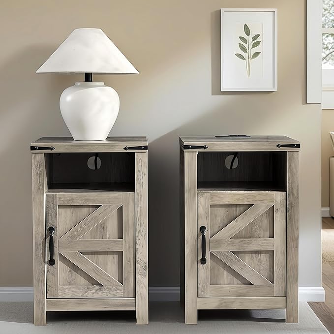 Grey Farmhouse Nightstand Set of 2, Rustic End Table with Barn Door and Shelf, Bedside Table with Charging Station for Living Room, Bedroom