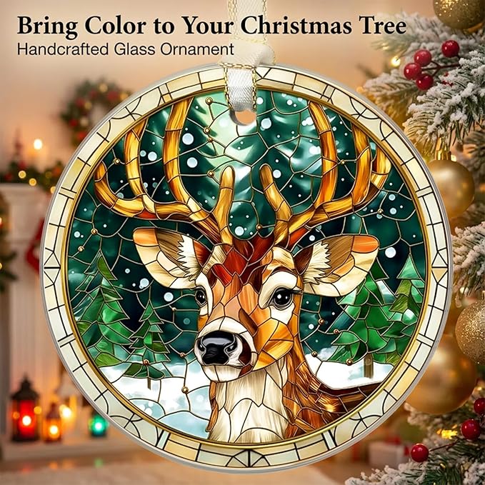 Deer Christmas Ornaments 2025, Stained Glass Christmas Tree Decorations, Exchange for Women, Men, Collectible Dated Year Ornaments for Tree - Glass Hanging Ornament