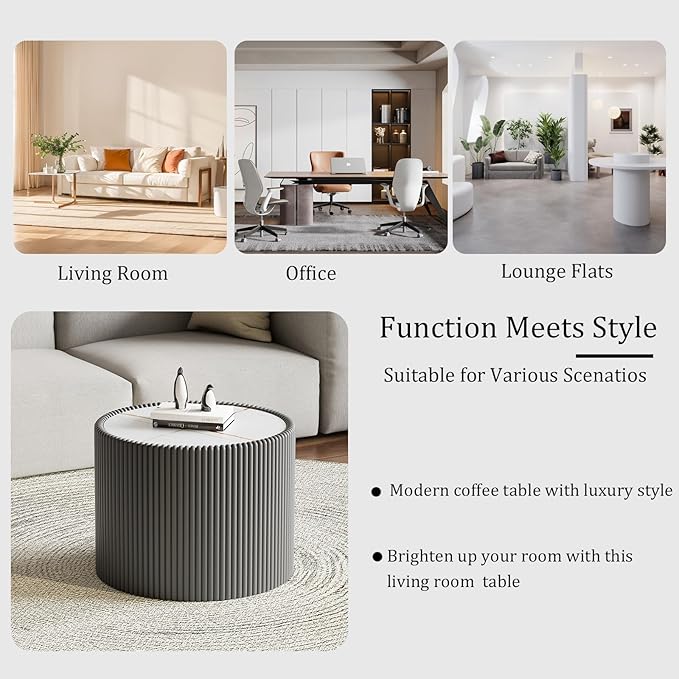 Round Living Room Table Set, 29.52" Grey Drum Center Table and 17.71" Grey Coffee Table Set, 2 Pieces Coffee Table Set with Sintered Stone Tabletop,Fluted PU Leather Covered and StableBase