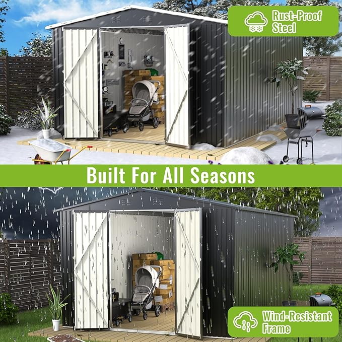 PABIMIA10X14 FT Outdoor Storage Shed, Durable Metal Outside Storage with Lockable Doors, Waterproof Storage Shed for Tools, Equipment, Ideal for Backyard Garden Patio Lawn