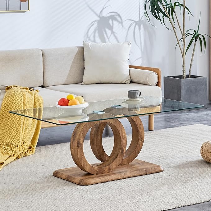 Modern Glass Coffee Table, 47”Rectangular Coffee Table for Living Room, Clear Center Table with Tempered Glass Top and Wood Finish Base