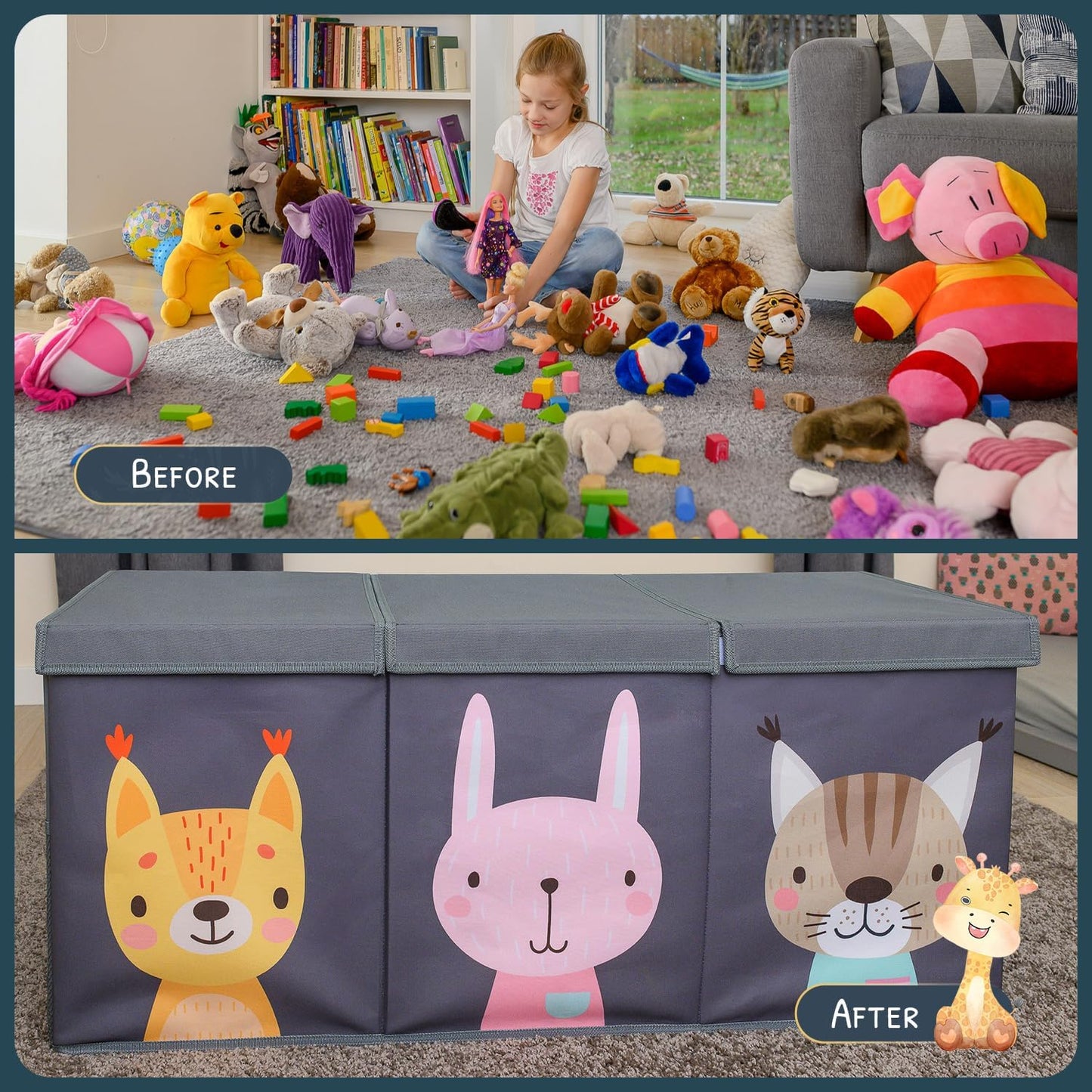 Extra Large Toy Storage Organizer with Lid - Sturdy, Collapsible Toy Chest Storage Box with Cute Design - Toys Bin with Dividers for Kids, Boys, Girls, Nursery, Bedroom, Play room 37"x16"x14"