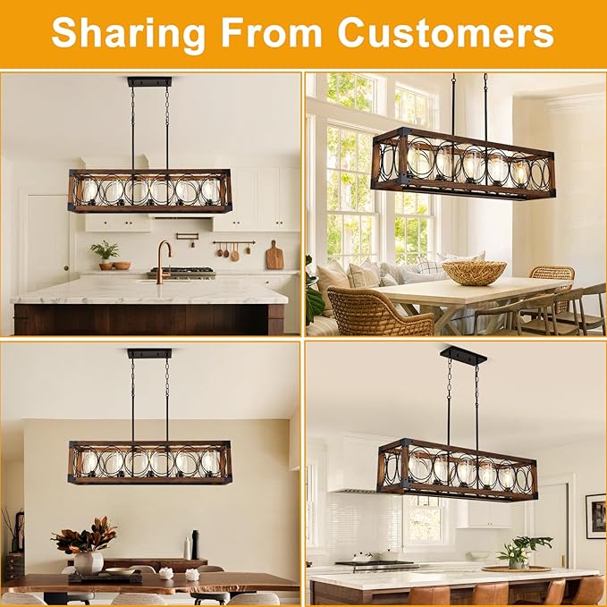 35.5" Dining Room Light Fixture/Chandelier Over Table, 5-Light Rustic Wood Kitchen Island Lighting with Clear Glass Shade Farmhouse Hanging Pendant Lights Fixtures for Kitchen Island Dining Room‌ Bar