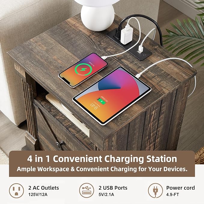 Nightstand with Charging Station, Rustic 18 Inch Farmhouse End Table with Barn Door, Wood Sofa Side Table with 2 Storage Drawers for Living Room, Bedroom, Entryway(Dark Rustic Oak)