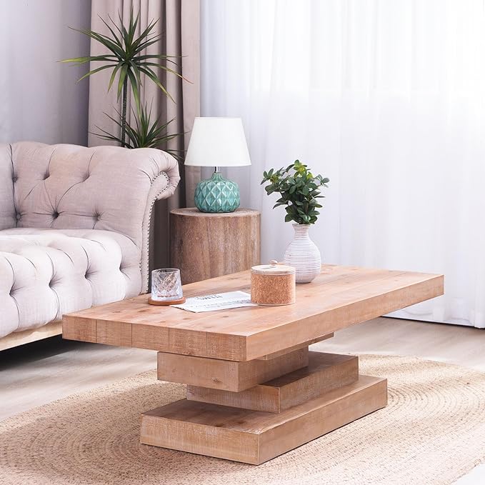 WILLIAMSPACE 47.6" Rectangular Wood Coffee Table with Wood Block Base, Modern Rustic Center Table for Living Room, Farmhouse Style Side End Table Furniture, Natural