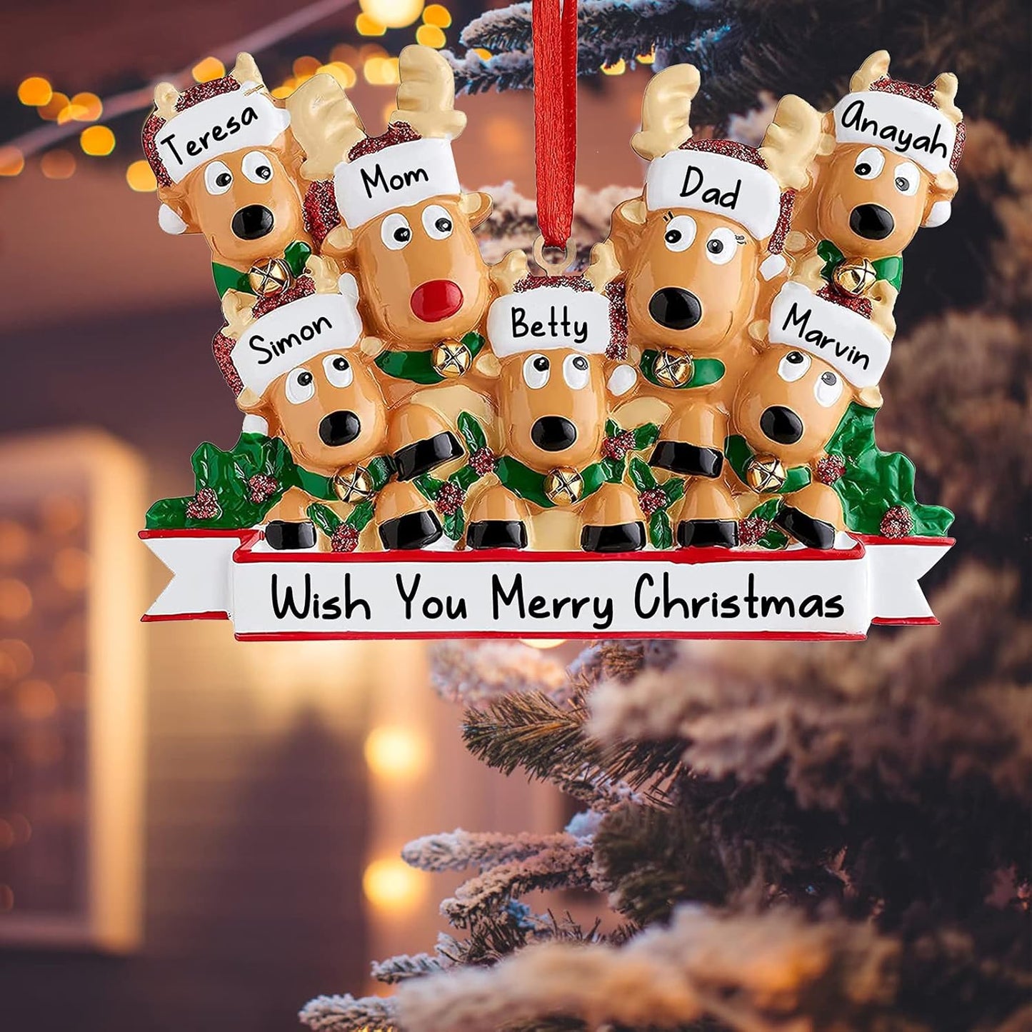 Personalized Deer Christmas Ornaments 2025 Family of 2,3,4,5,6,7,8 Custom Name Reindeer Xmas Ornament with Text,Customized Christmas Decoration Gifts - Family of 6