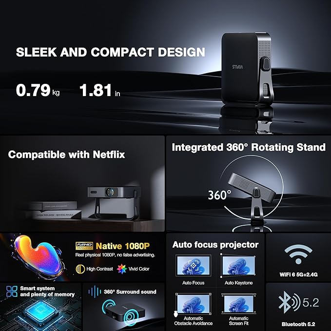 【Officially-Licensed APP & Native 1080P】Thinnest 1.81" Smart Mini Projector with WiFi and Bluetooth, Auto Focus & Keystone Portable Outdoor Projector, VOPLLS 4K Support Home Movie Projector