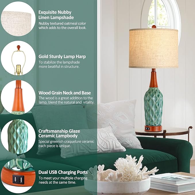 Vintage Table Lamps for Living Room Set of 2, Retro Bedside Lamp for Bedroom with USB Port, MCM Teal Ceramic 3-Way Dimmable Nightstand Lamp with Oatmeal Linen Shade (Bulb Included)