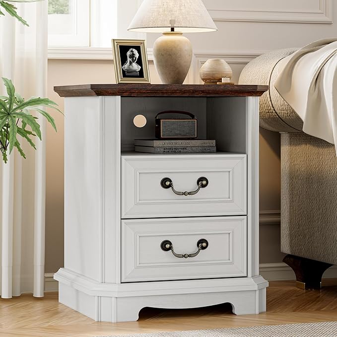 Farmhouse Nightstand with Charging Station, 18" Side Table with 2 Storage Drawers, Rustic Wood Night Stand with Metal Handle, Wooden Bedside End Table Small Dresser for Bedroom, Living Room, White