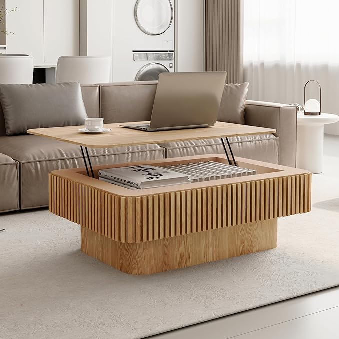 38.6" Lift Top Coffee Table, Modern Fluted Tea Table with Hidden Storage for Living Room, Apartment or Office, Natural Wood