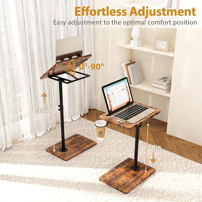 TV Tray Table, Adjustable C Shaped End Table for Couch, 360°Swivel Couch Side Tables That Slide Under Couch Desk Tray Tables for Small Space Sofa Bed Living Room Bedroom Bedroom(Rustic)