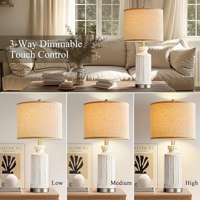 28" White Table Lamps Set of 2, Ceramic Lamps for Living Room with 2 USB Charding Ports, Modern Bedroom Lamps for Nightstand, 2 LED Bulbs Included