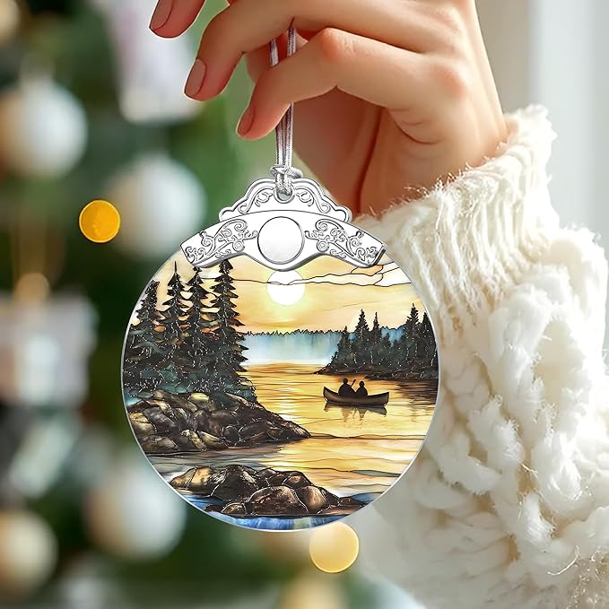 Canoe Lake Sunset Stained Glass Ornament, Christmas Ornaments – Christmas Tree Decorations, Holiday Decor, Stocking Stuffer, Gift Idea, Gifts for Nature Lover, Outdoor & Camping Lover