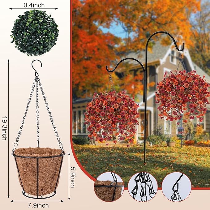 Artificial Flowers for Outdoors, 2 Set Faux Hanging Mums Baskets with Eucalyptus Vines, Realistic Fake Mums, Fall Flowers for Porch, Patio, Garden & Yard, Fall Outdoor Décor
