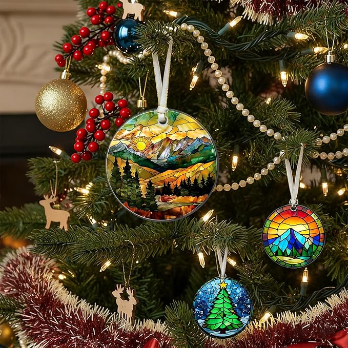 Christmas Ornaments 2025, Stained Glass Christmas Tree Decorations, Exchange for Women, Men, Collectible Dated Year Ornaments for Tree（Sunset）