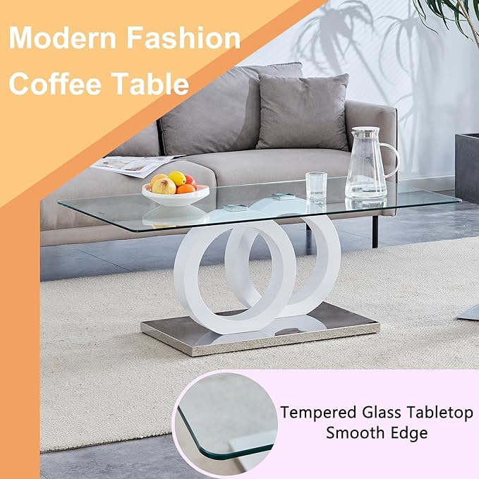 Modern Glass Coffee Table, 47” White Rectangular Coffee Table for Living Room, Clear Center Table with Tempered Glass Top and Glossy White Base