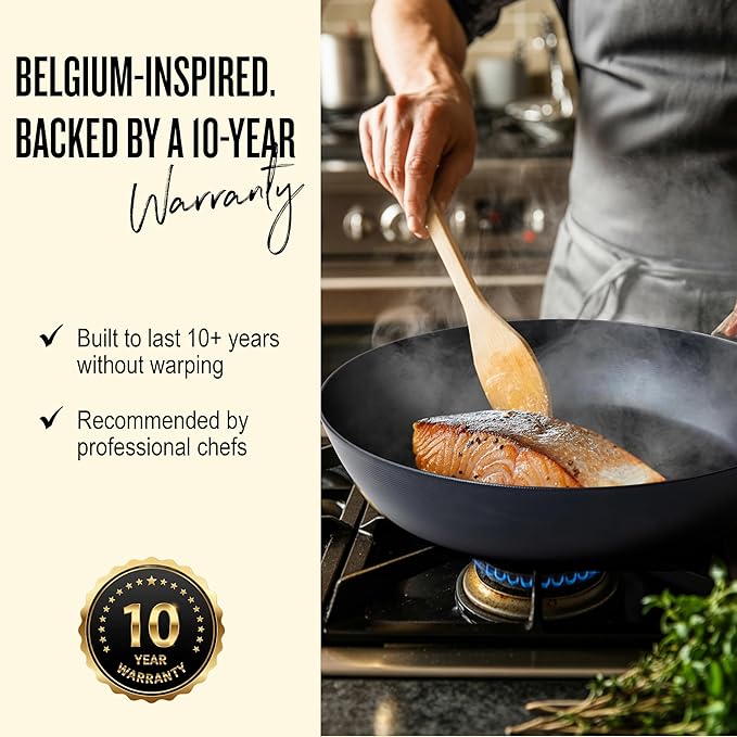 Alva Forest 11" Carbon Steel Frying Pan – Naturally Nonstick, Pre-Seasoned, with Acacia Wood Handle, Made Without PTFE, PFOA, PFAS – Sustainable Belgian Design, Induction & All-Stovetop Safe