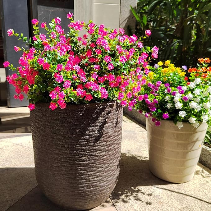 12 Bundles Artificial Flowers for Outdoors, UV Resistant Fake Flowers with Plastic Plants, Faux Flowers for Outside Window Box Front Porch Hanging Planter Decor (Pink)