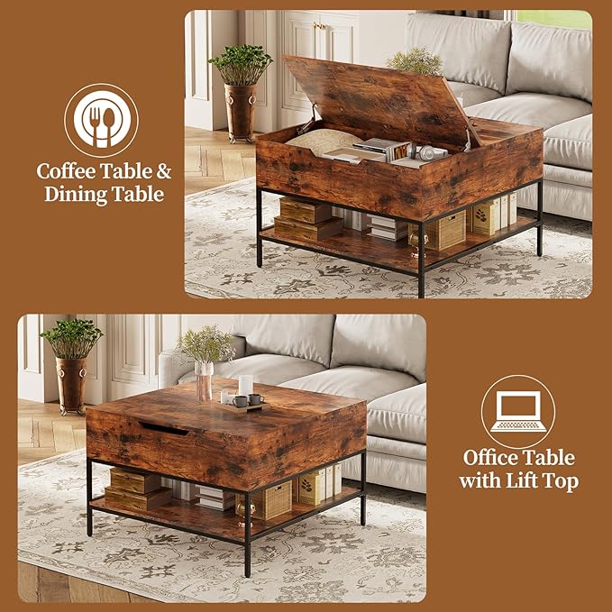 AQY 31.5" Flip Top Coffee Table with Storage, Square Coffee Tables for Living Room, Modern Farmhouse Heavy Duty Coffee Table with Large Hidden Compartment and Storage Shelves,Assembly Required