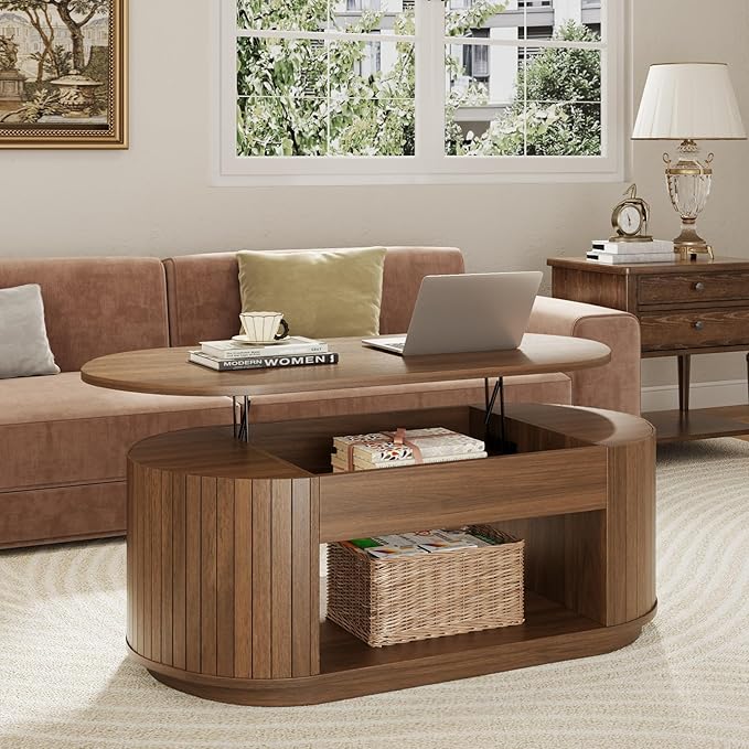 Lift Top Coffee Table, Oval Fluted Coffee Table with Storage for Living Room, Mid Century Modern Wooden Center Tables with 2 Tier Shelf, 43 Inch Tea Table Hidden Compartment for Home Office, Walnut