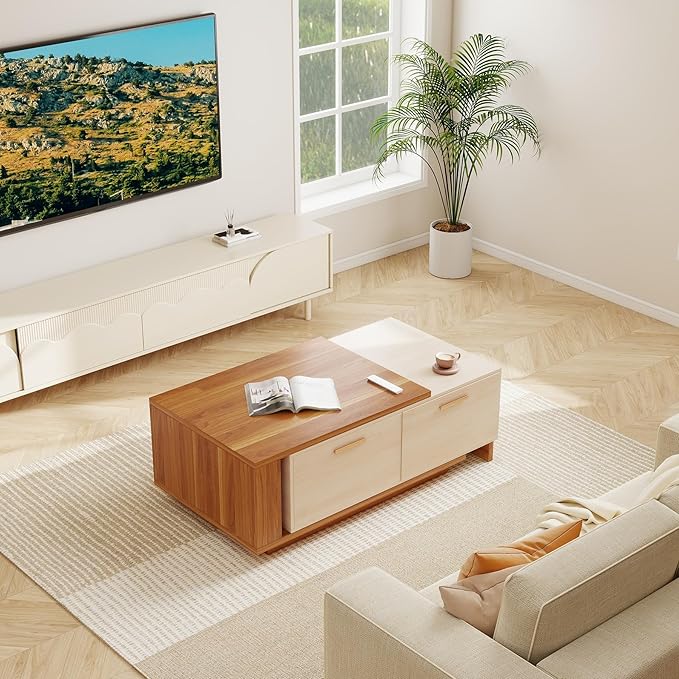 42"- 65" Extendable Coffee Table with Storage, Reversible Wood Coffee Table with 2 Drawers, Two-Tone Large Adjustable Center Table for Living Room, Office (Walnut B)