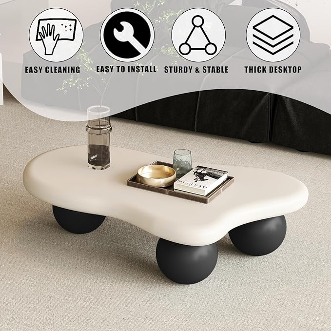 Modern Cloud Coffee Table with 3 Ball Legs, Cute Irregular Shaped Coffee Table, Low Center Table Tea Table for Small Space Living Room (40''L × 26.8''W × 11.7'H)