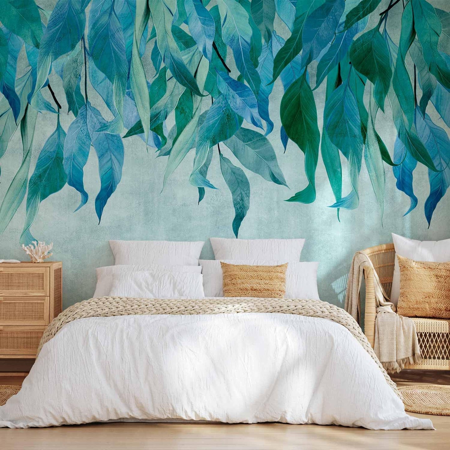 artgeist Wall Mural Hanging Leaves 77x55 in - Peel and Stick Self-Adhesive Wallpaper Removable Large Sticker Foil Wall Decor Print Picture Image Design Nature Botanical Concrete Green b-C-10146-a-b