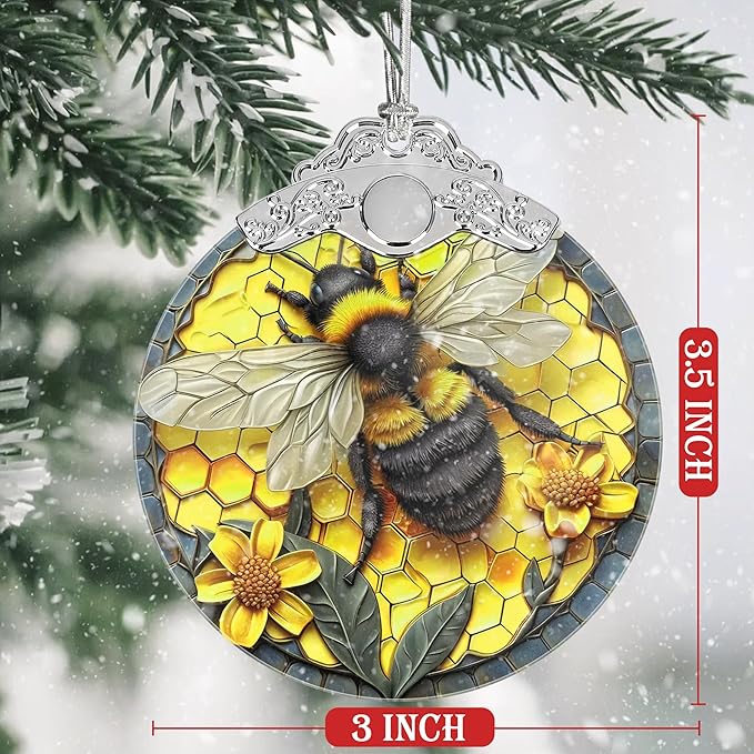 Christmas Decorations Ornaments, Stained Glass Ornament, Christmas Tree Ornaments, 2025 Gift Ornament, Xmas Gift for Friend Family Coworker - Bee and Honeycomb