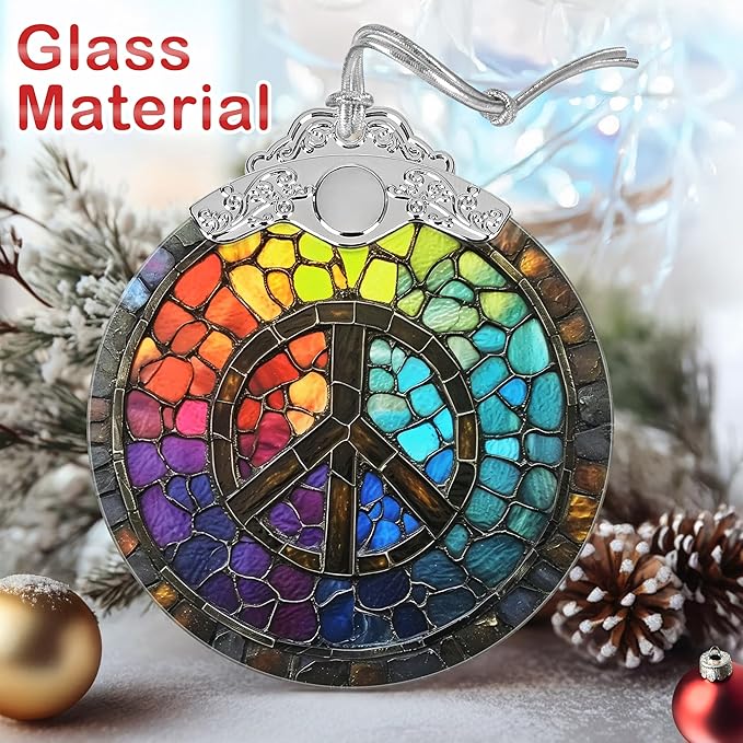 Christmas Decorations Ornaments, Stained Glass Ornament, Christmas Tree Ornaments, 2025 Gift Ornament, Xmas Gift for Friend Family Coworker - Peace Sign