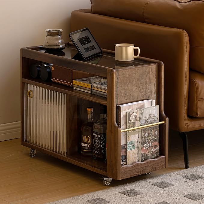 Solid Wood Side Table with Wheels, Narrow Side Table with Storage, Rolling Bedside Table for Bedroom Living Room Dining Room(Walnut, 27.95" D x 11.42" W x 19.88" H)