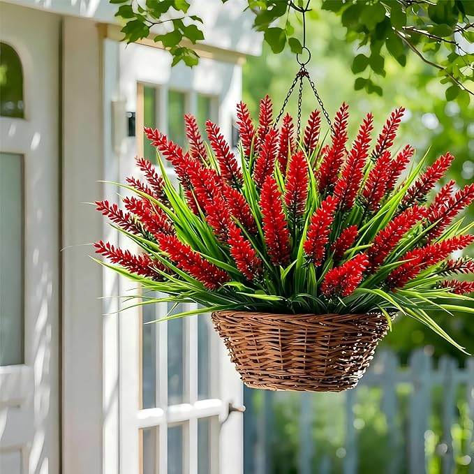 Geegoods Artificial Red Lavender Flowers for Outdoors – 24 Bundles UV Resistant Fake Flowers with Monkey Grass, Realistic Artificial Plants Outdoor for Garden, Patio, Porch, Window Box & Home Décor
