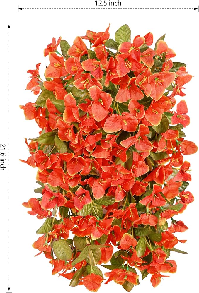 HyeFlora Bougainvillea Artificial Hanging Flowers Plants for Outdoors Winter Decoration, 2pcs Faux Bougainvillea Vines Orange Fake Flowers Realistic UV Resistant Silk Flowers for Outside Planter Yard