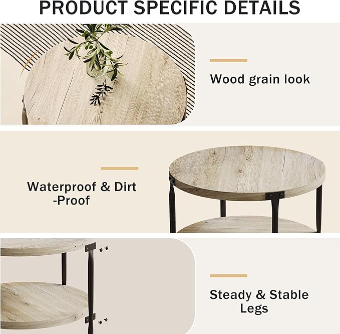 Wooden Round Coffee Table, 2-Tier Coffee Table, 29.61” Center Table with Metal Legs & Open Storage, Center Accent Table for Living Room, Natural Wood Color